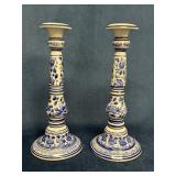 Blue and White Ceramic Candlesticks with Floral Mo