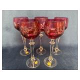 5 Ruby Red Cut to Clear Wine Glasses by Kristall