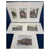 6 Lithographs Etched by Unknown Artist and Hand-Pa