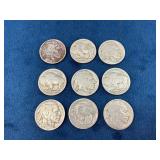 9 Buffalo Nickels Featuring Native American and Bi