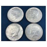 Four 1964 Kennedy Half Dollars, 90% Silver
