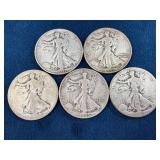 5 Walking Liberty Half Dollars (1937, 1942, 1943)