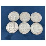 6 Franklin Half Dollar Coins, 1951-1963