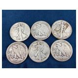 6 Walking Liberty Half Dollars, 90% Silver, Variou
