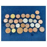 World Coins Featuring Various Designs and Dates