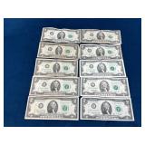 10 United States Two-Dollar Federal Reserve Notes