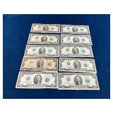 10 United States $2 Notes With Mixed Series and Se