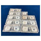 Nine Circulated $1 Silver Certificates (Series Dat