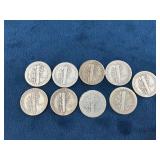 10 Mercury Dimes, United States, 90% Silver