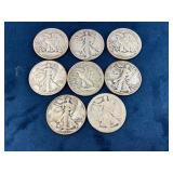 7 Walking Liberty Half Dollars, Various Dates