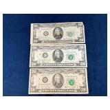 Three US $20 Federal Reserve Notes with Green Seal