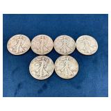Six Walking Liberty Half Dollars, 1942-1945