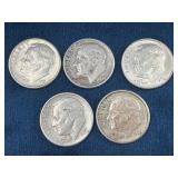 5 Roosevelt Silver Dimes (1946-1964)
