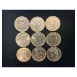 9 U.S. Presidential $1 Coins Featuring Various Pre