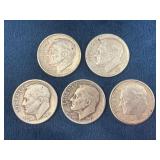 Five Roosevelt Dimes and One Quarter