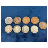 10 US Lincoln Wheat Pennies and Roosevelt Dimes