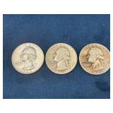 3 Washington Silver Quarters (1940, 1943, 1962)