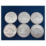 Six Franklin Half Dollar Coins (1952-1963)