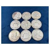 Nine Benjamin Franklin Half Dollar Coins (1954-195