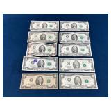 10 U.S. $2 Federal Reserve Notes ï¿½ Various Series