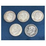 5 U.S. Silver Roosevelt Dimes, 1952-1964
