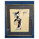 Framed Japanese Geisha Artwork, 19x23 Inches, Sign