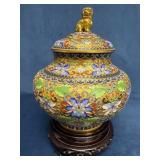 Vintage Cloisonnï¿½ Urn With Foo Dog Top and Wood Pe