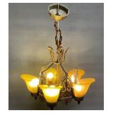 Art Deco Hanging Lamp With Amber Glass Shades by N