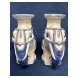 Blue and White Ceramic Asian Elephant Pedestals, 1