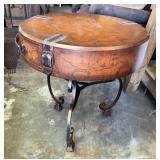 Round Wooden Accent Table With Printed Map Design