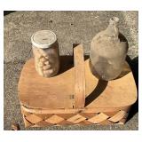 Wooden Picnic Basket with Jar of Corks, Glass Jug,