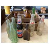 Wood Crate with Collection of Assorted Old Bottles