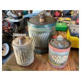3 Vintage Metal Fuel Cans in Various Sizes and Des
