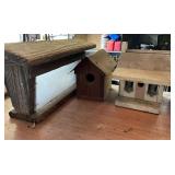 Three Wooden Bird Houses and Feeders