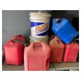 Five Plastic Gas Cans and Joint Compound Container