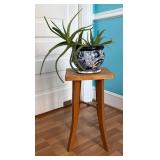 Blue and White Ceramic Planter with Wooden Stand
