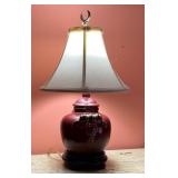 Red Ceramic Table Lamp with Fabric Shade and Brass
