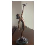 Bronze Sculpture of Nude Woman with Bird on Marble