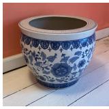 Blue and White Porcelain Fishbowl Planter with Flo