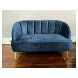 Blue Velvet Upholstered Loveseat With Wooden Legs