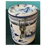 Blue and White Ceramic Canister with Windmill Moti