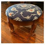 Round Wooden Footstool with Blue Upholstered Flora