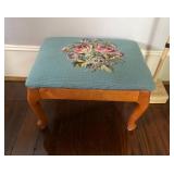 Wooden Footstool with Needlepoint Floral Upholster