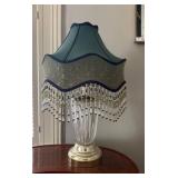 Glass Table Lamp with Green Shade and Beaded Fring
