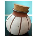 Handcrafted Ceramic Jar With Cork Lid and Red Stri