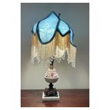 Ornate Table Lamp with Blue Fabric Shade and Ceram