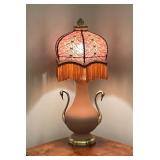 Table Lamp with Dual Swan Handles and Fringe Shade