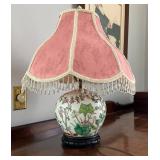 Porcelain Table Lamp with Floral Motif and Pink Fa