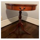 Round Wood Accent Table with Leather Inlay and Ped