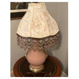 Pink Table Lamp with Swan Handles, Beaded Shade, a